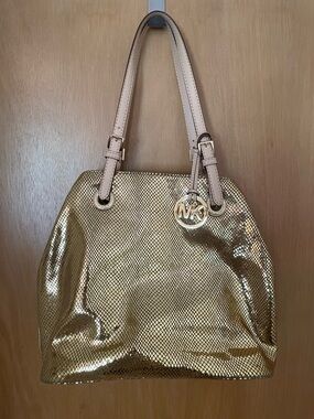 RARE Michael Kors Gold Sparkle ✨ Snake Leather Hobo Satchel Tote Shoulder Bag